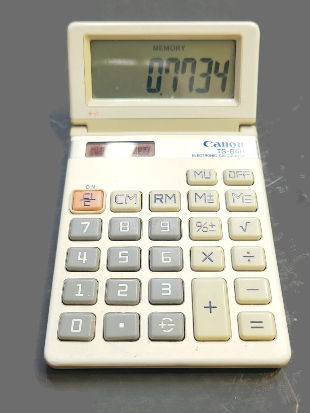 Vintage Canon TS-84H Calculator Tilt Display Solar Powered Beige Tan Gray WORKS
